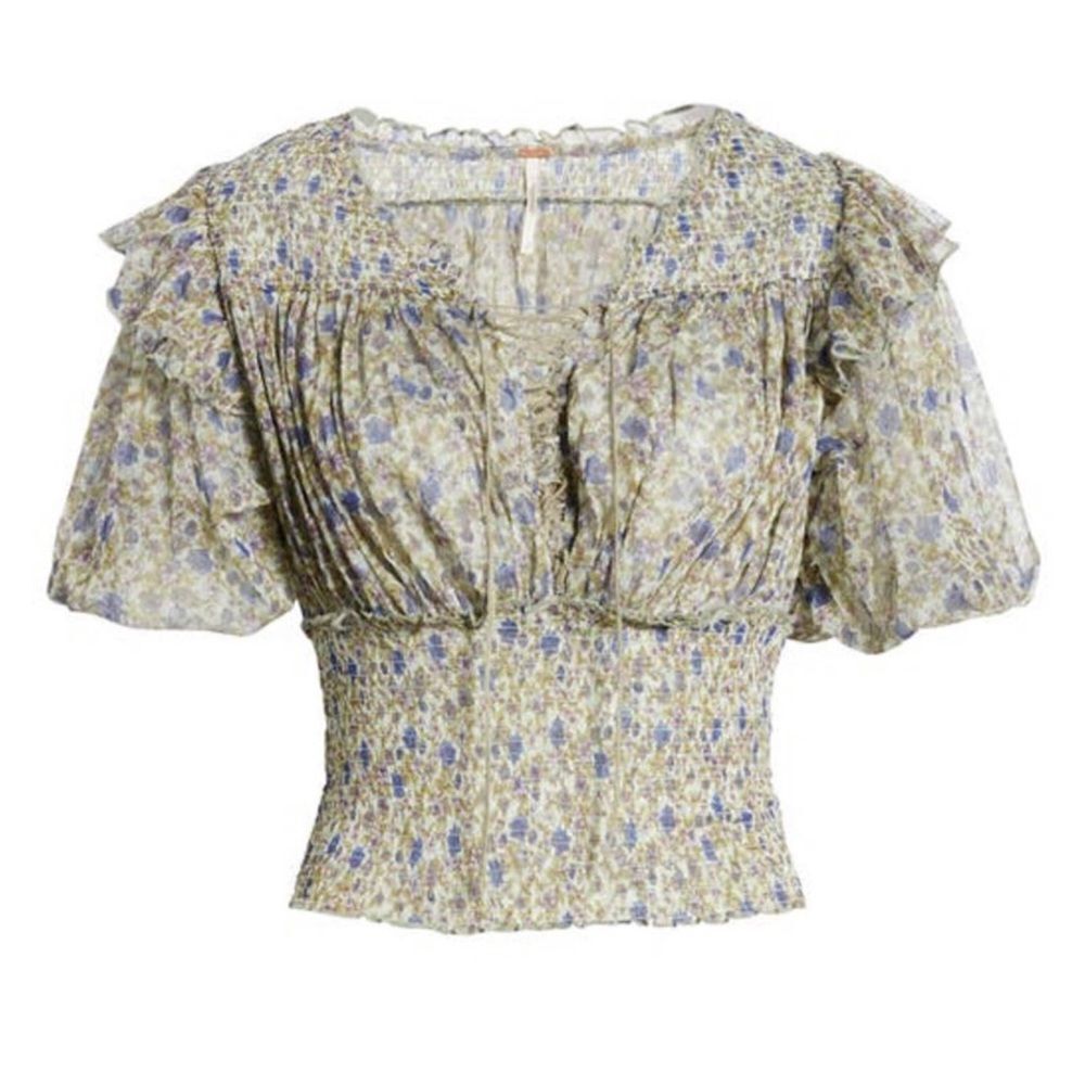 Free People Beatrice Floral-print Smocked Top In Mint Combo Size Small